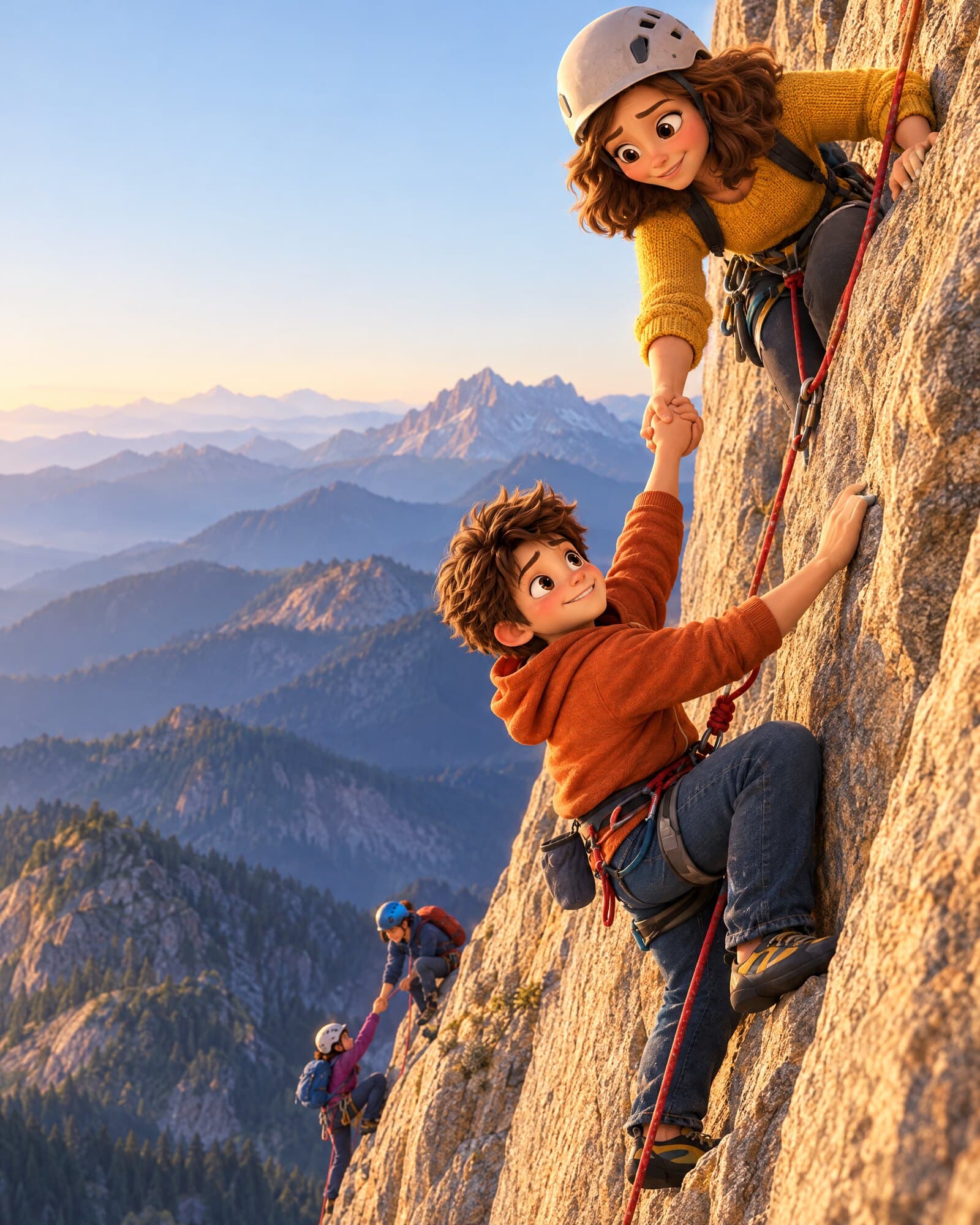 Illustration : sur une paroi de granit devant une chaîne de montagnes au lever du jour, une mère encordée tend la main à son adolescent pour l'aider à monter