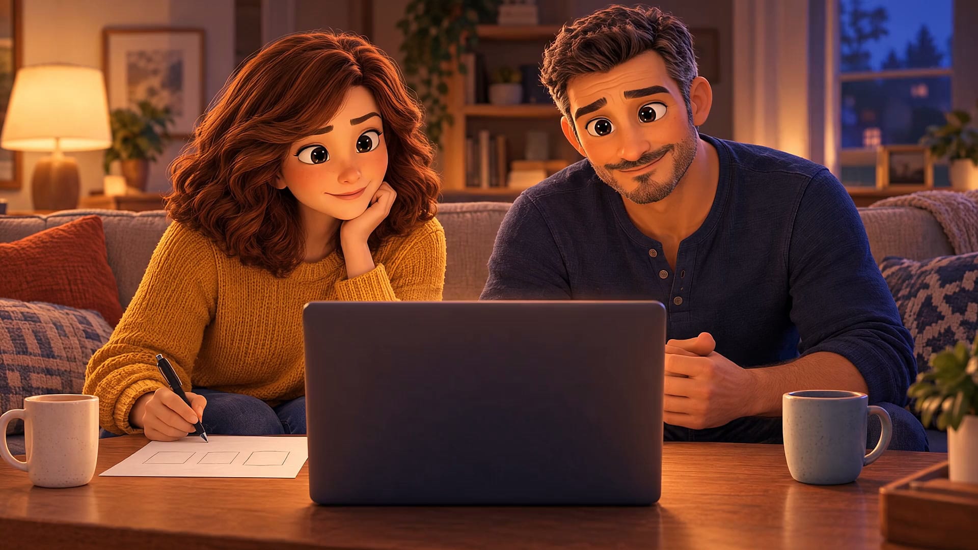 Illustration : deux parents côte à côte devant un ordinateur, Joseph leur présente ses recommandations en visioconférence